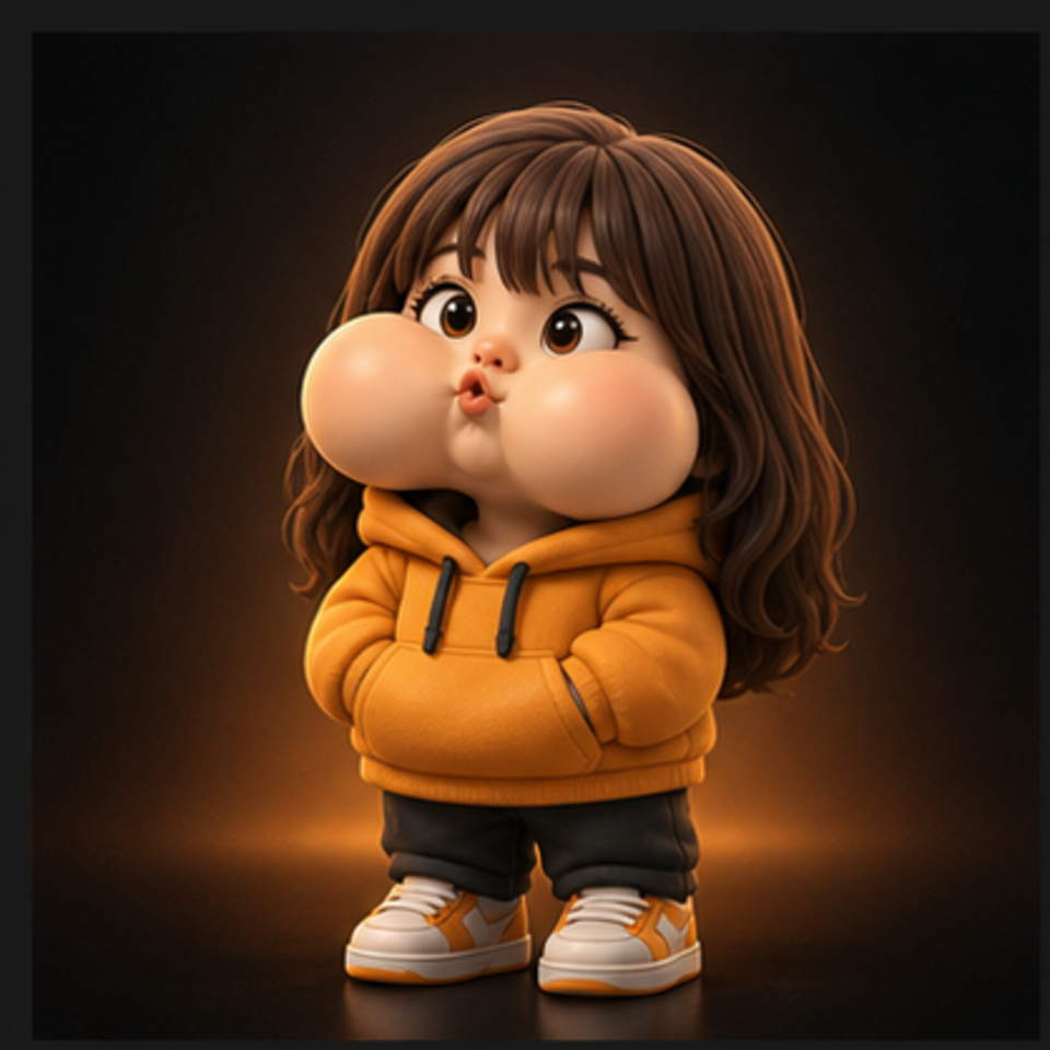 Cute orange hoodie 3D figurine with puffy cheeks