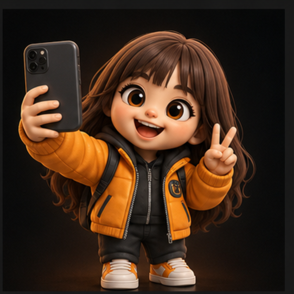 Smiling 3D figurine in an orange jacket taking a selfie