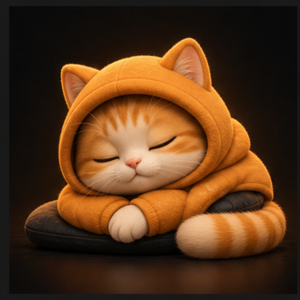 Sleepy cat 3D figurine wearing a soft orange hoodie