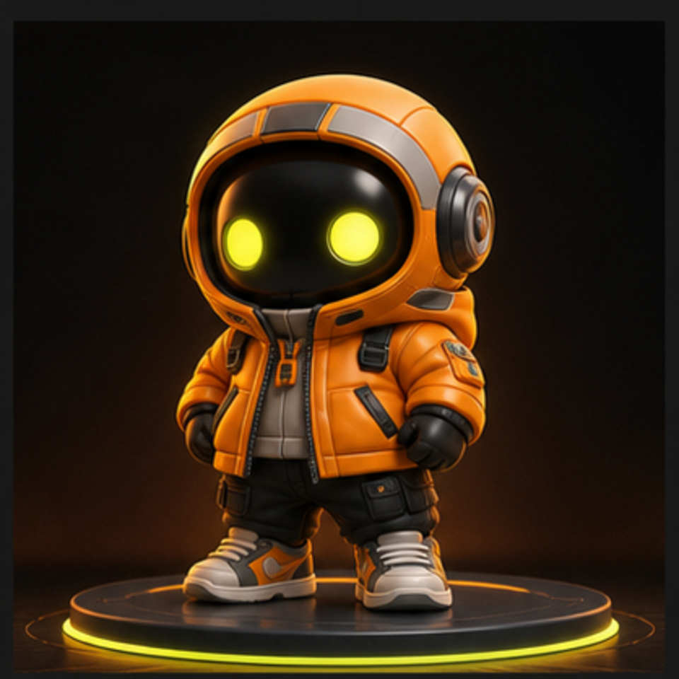 Tiny orange hero 3D figurine standing on a glowing base