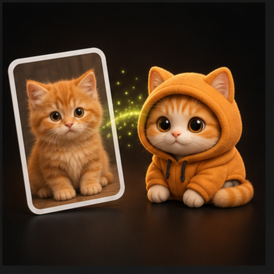 A pet photo transforming into a cute hoodie 3D figurine
