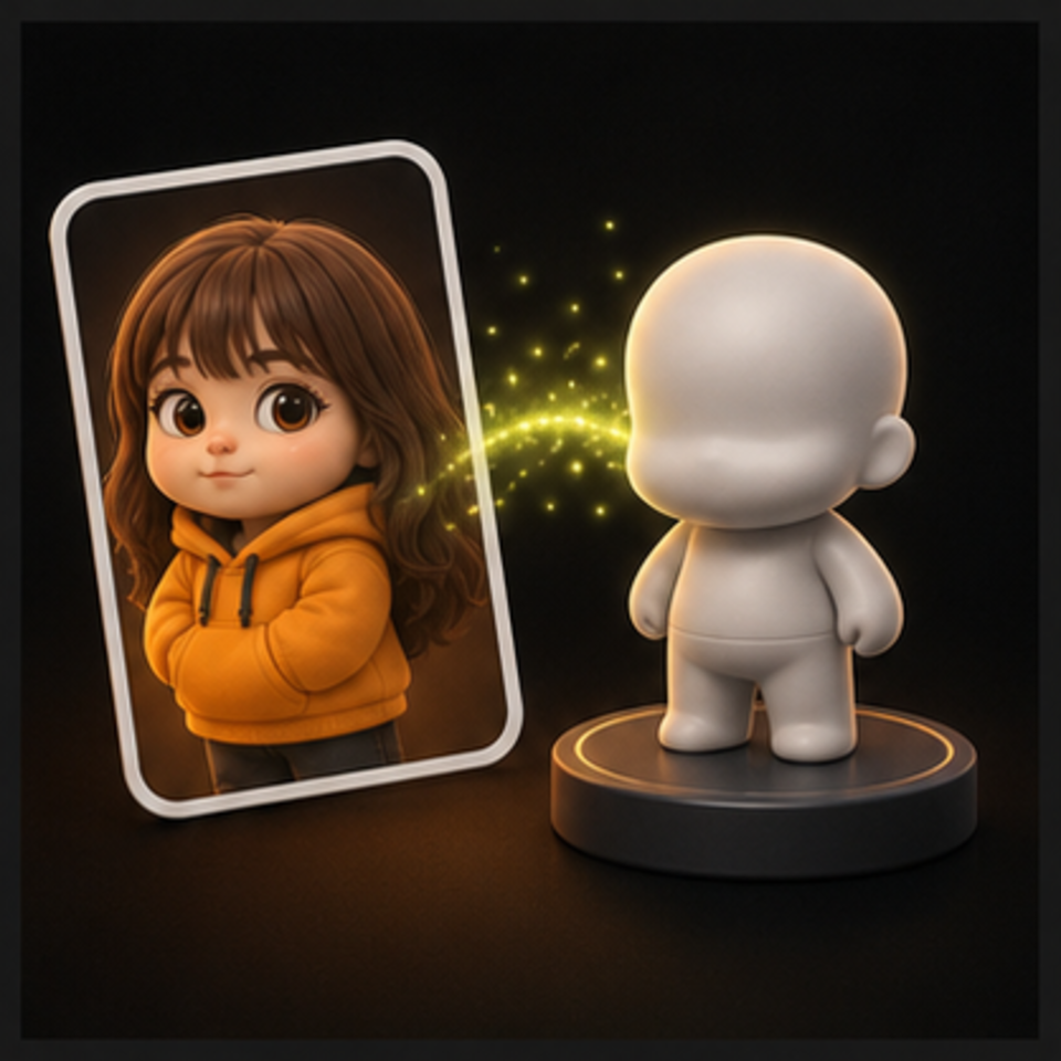 A photo card transforming into a blank 3D figurine model